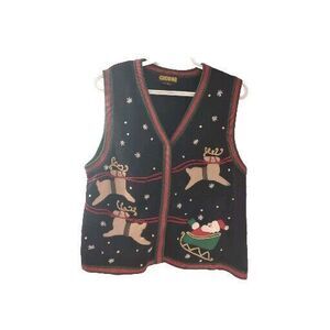 Vintage Medium Embroidered Santa Reindeer Christmas Vest Black Red Green